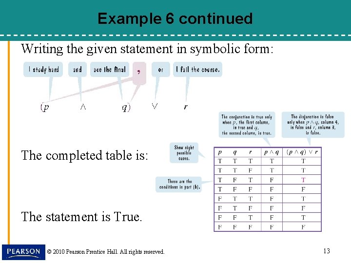 Example 6 continued Writing the given statement in symbolic form: The completed table is: