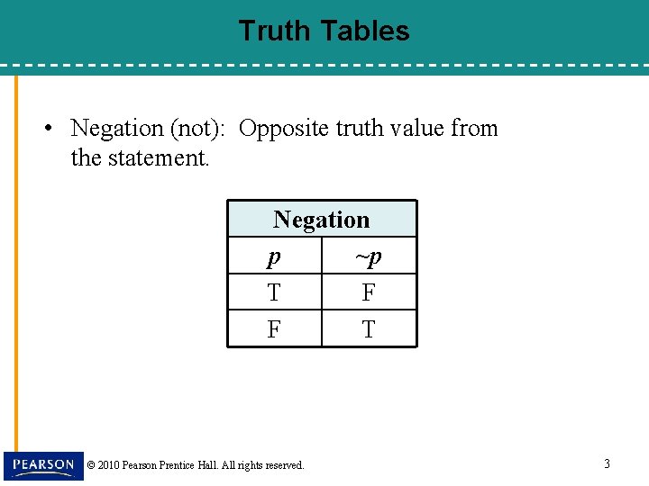 Truth Tables • Negation (not): Opposite truth value from the statement. Negation p ~p