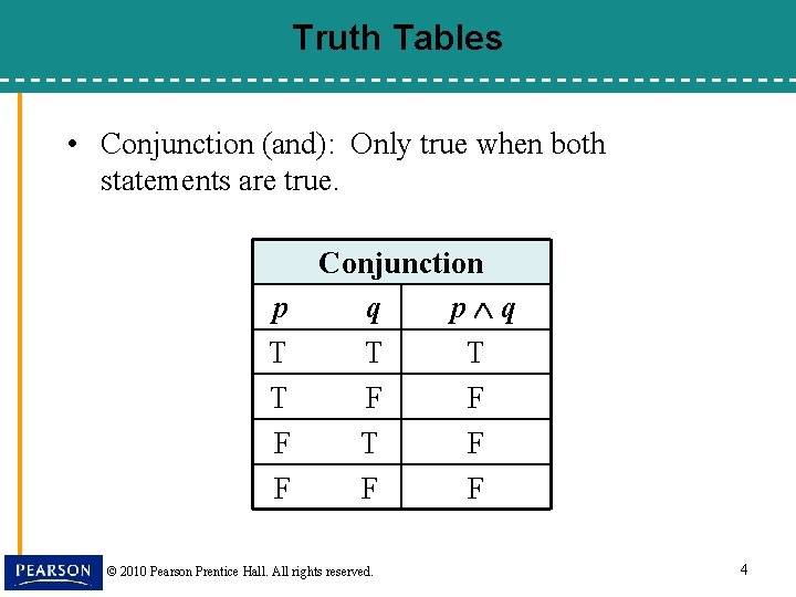 Truth Tables • Conjunction (and): Only true when both statements are true. p T