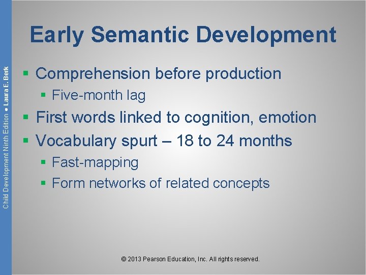 Child Development Ninth Edition ● Laura E. Berk Early Semantic Development § Comprehension before