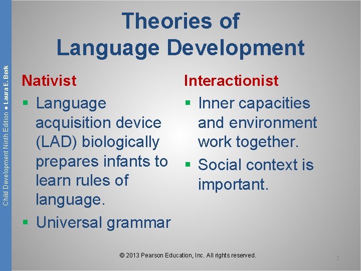Child Development Ninth Edition ● Laura E. Berk Theories of Language Development Nativist Interactionist