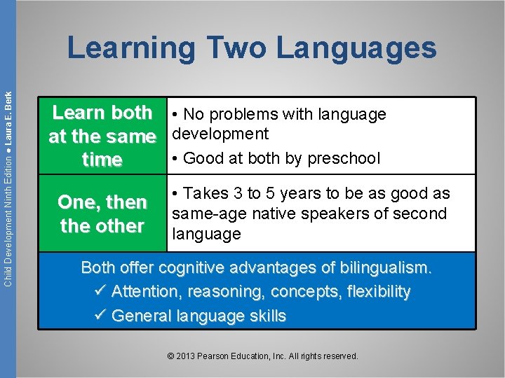 Child Development Ninth Edition ● Laura E. Berk Learning Two Languages Learn both •