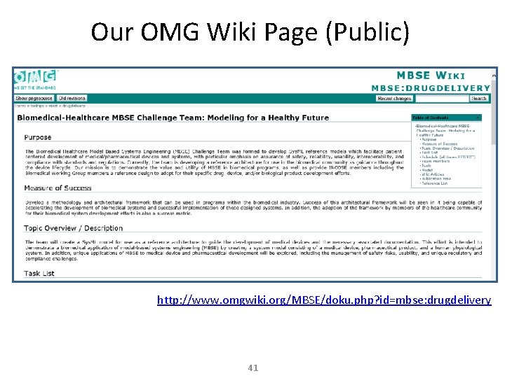 Our OMG Wiki Page (Public) http: //www. omgwiki. org/MBSE/doku. php? id=mbse: drugdelivery 41 