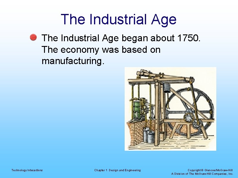 The Industrial Age began about 1750. The economy was based on manufacturing. Technology Interactions