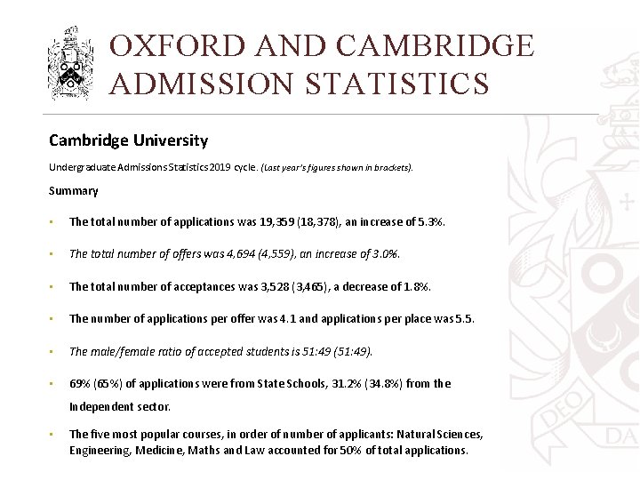 OXFORD AND CAMBRIDGE ADMISSION STATISTICS Cambridge University Undergraduate Admissions Statistics 2019 cycle. (Last year’s