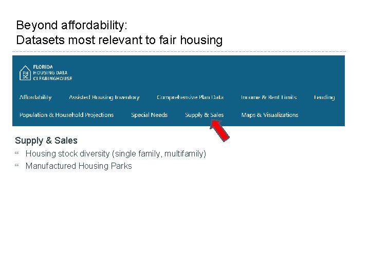 Beyond affordability: Datasets most relevant to fair housing Supply & Sales Housing stock diversity