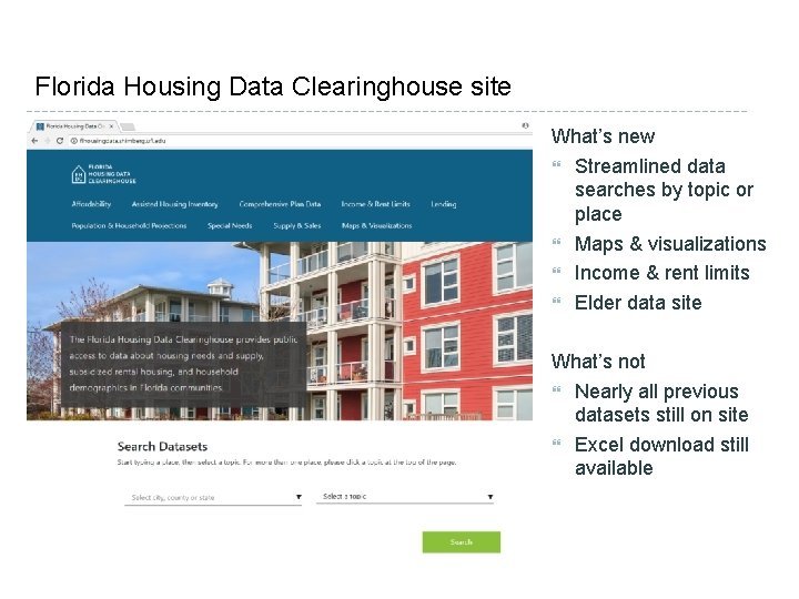 Florida Housing Data Clearinghouse site What’s new Streamlined data searches by topic or place