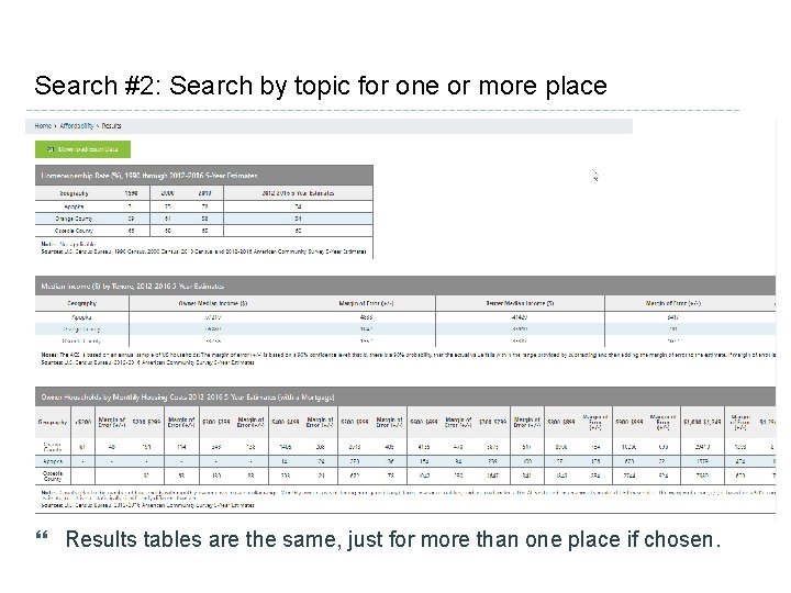 Search #2: Search by topic for one or more place Results tables are the