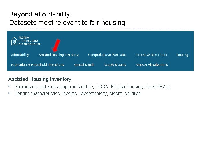 Beyond affordability: Datasets most relevant to fair housing Assisted Housing Inventory Subsidized rental developments