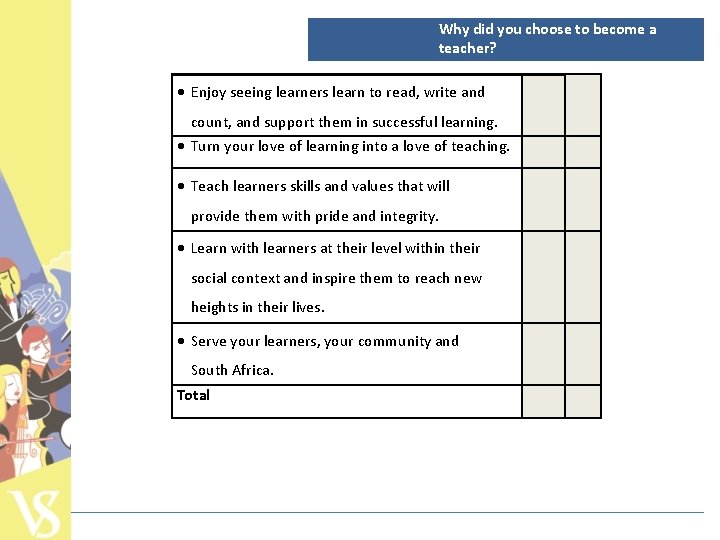 Why did you choose to become a teacher? Enjoy seeing learners learn to read,