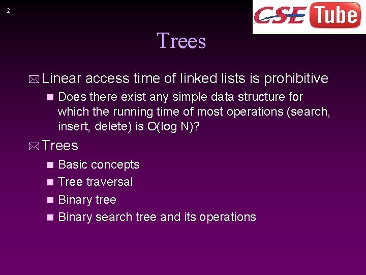 2 Trees * Linear n access time of linked lists is prohibitive Does there