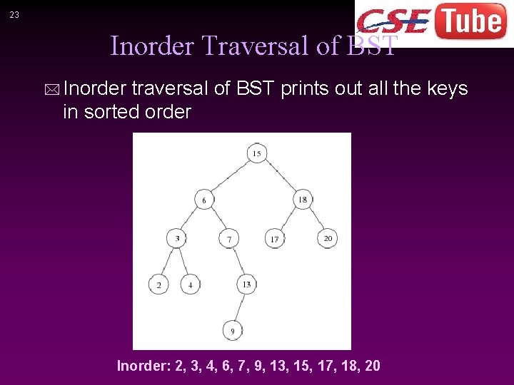 23 Inorder Traversal of BST * Inorder traversal of BST prints out all the