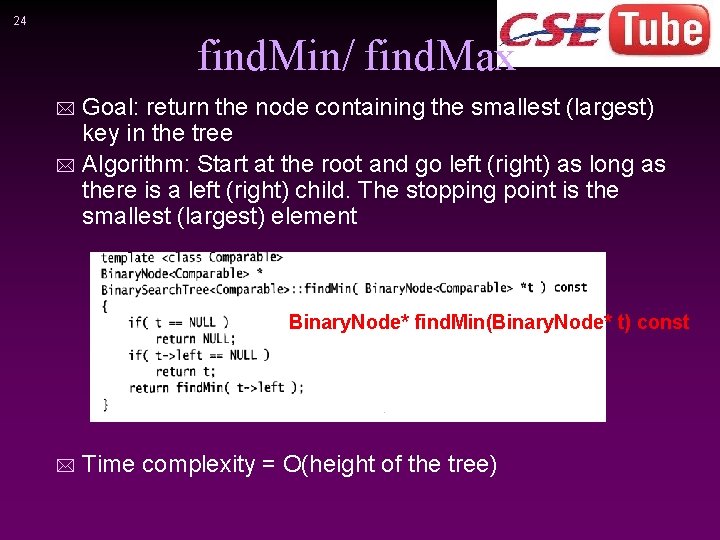 24 find. Min/ find. Max Goal: return the node containing the smallest (largest) key