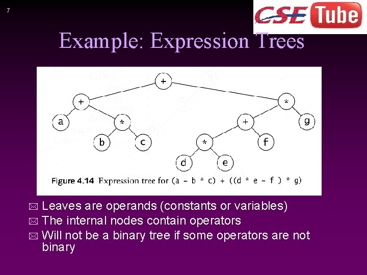 7 Example: Expression Trees Leaves are operands (constants or variables) * The internal nodes