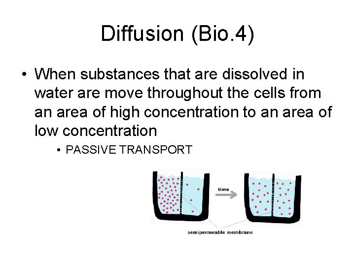 Diffusion (Bio. 4) • When substances that are dissolved in water are move throughout