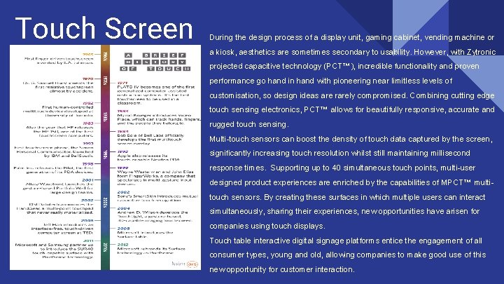 Touch Screen During the design process of a display unit, gaming cabinet, vending machine