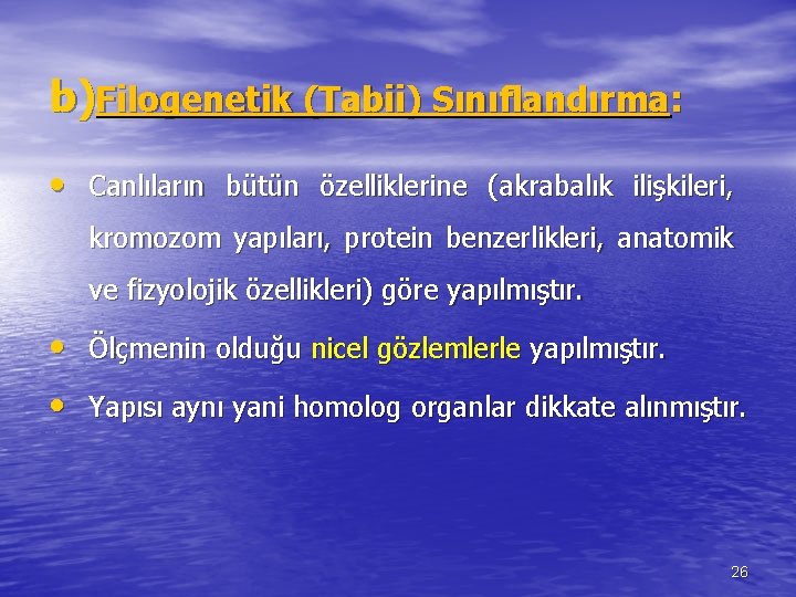 b)Filogenetik (Tabii) Sınıflandırma: • Canlıların bütün özelliklerine (akrabalık ilişkileri, kromozom yapıları, protein benzerlikleri, anatomik