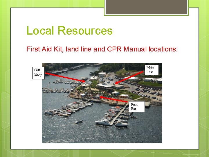 Local Resources First Aid Kit, land line and CPR Manual locations: Main Rest. Gift