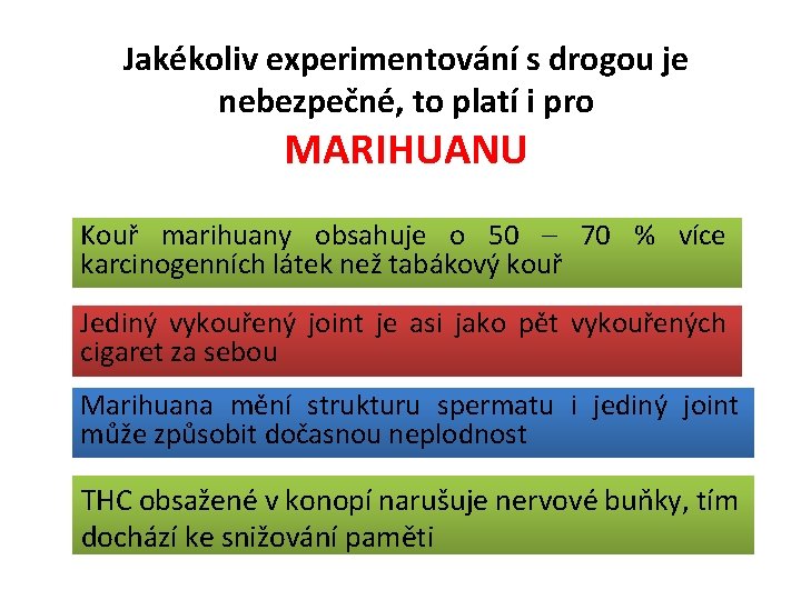 Jakékoliv experimentování s drogou je nebezpečné, to platí i pro MARIHUANU Kouř marihuany obsahuje