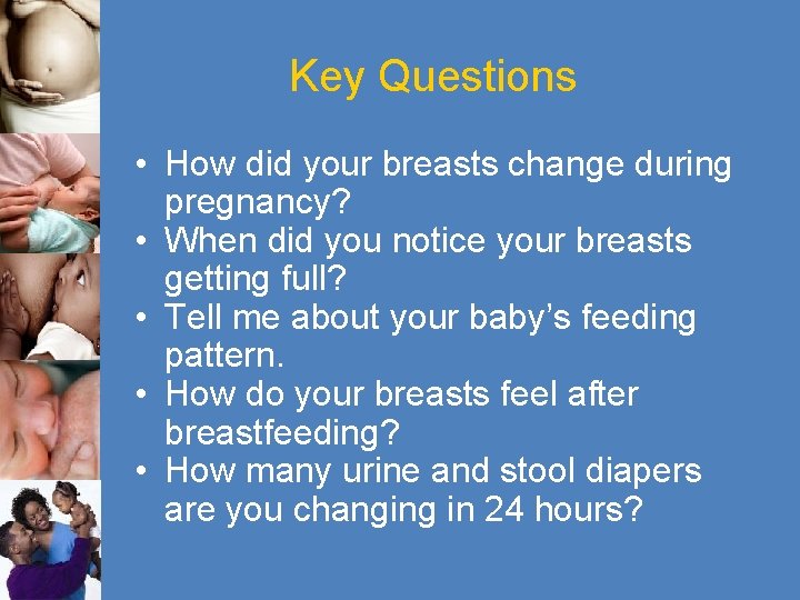 Key Questions • How did your breasts change during pregnancy? • When did you