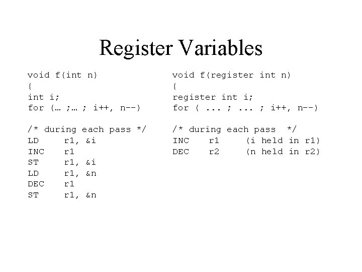 Register Variables void f(int n) { int i; for (… ; i++, n--) void