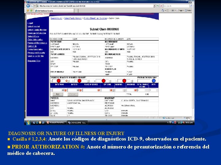 DIAGNOSIS OR NATURE OF ILLNESS OR INJURY n Casilla # 1, 2, 3, 4: