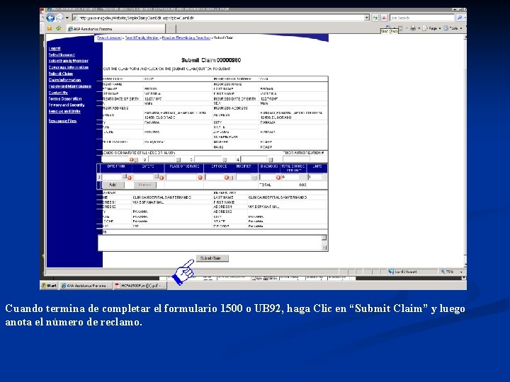 Cuando termina de completar el formulario 1500 o UB 92, haga Clic en “Submit