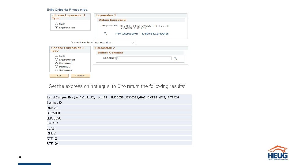 Set the expression not equal to 0 to return the following results: List of Set the expression not equal to 0 to return the following results: List of