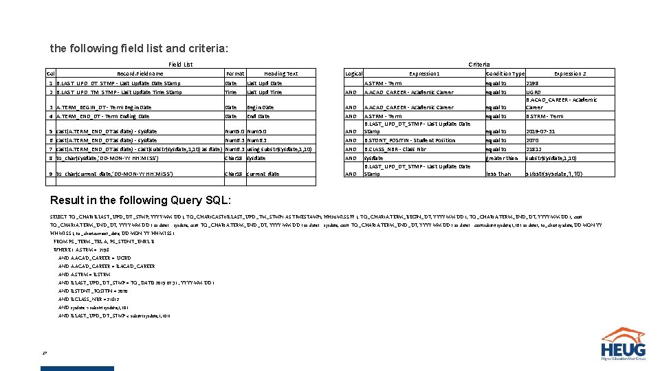 the following field list and criteria: Field List Col Record. Fieldname Criteria Format Heading the following field list and criteria: Field List Col Record. Fieldname Criteria Format Heading