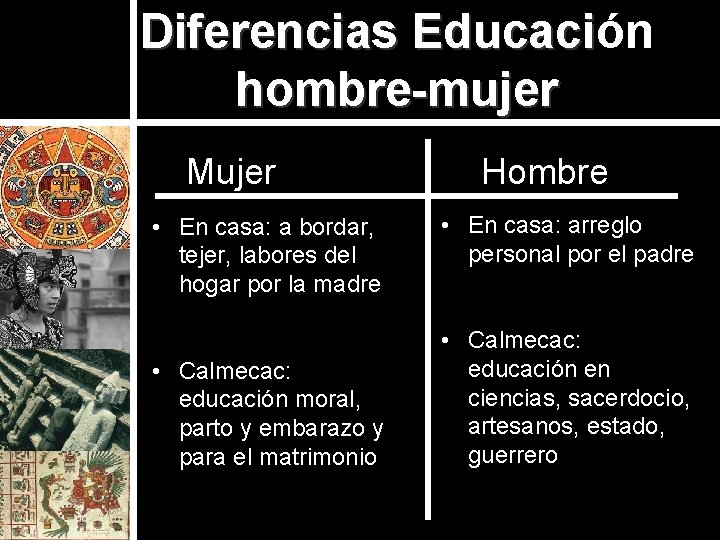 Diferencias Educación hombre-mujer Mujer • En casa: a bordar, tejer, labores del hogar por