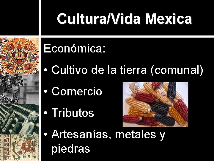Cultura/Vida Mexica Económica: • Cultivo de la tierra (comunal) • Comercio • Tributos •
