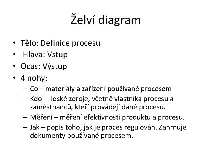 Želví diagram • • Tělo: Definice procesu Hlava: Vstup Ocas: Výstup 4 nohy: –