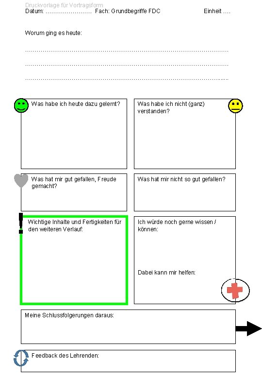 Druckvorlage für Vortragsform Datum: ………… Fach: Grundbegriffe FDC Einheit …. Worum ging es heute: