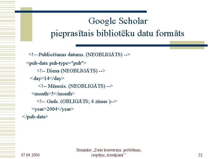 Google Scholar pieprasītais bibliotēku datu formāts <!—Publicēšanas datums. (NEOBLIGĀTS) --> <pub-date pub-type="pub"> <!-- Diena