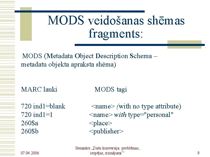 MODS veidošanas shēmas fragments: MODS (Metadata Object Description Schema – metadatu objekta apraksta shēma)