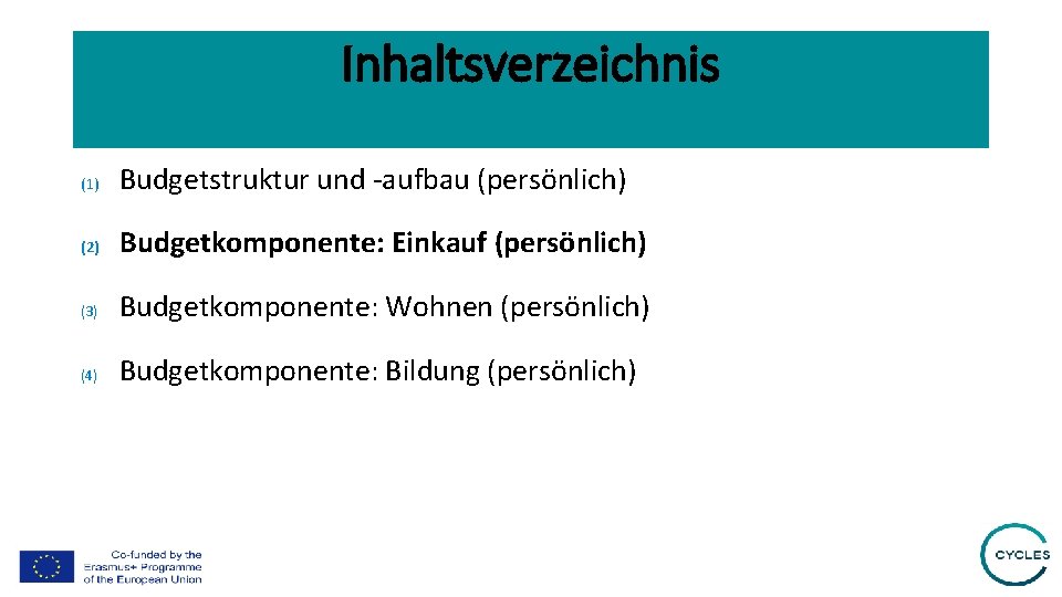 Inhaltsverzeichnis (1) Budgetstruktur und -aufbau (persönlich) (2) Budgetkomponente: Einkauf (persönlich) (3) Budgetkomponente: Wohnen (persönlich)