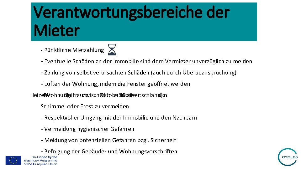 Verantwortungsbereiche der Mieter - Pünktliche Mietzahlung - Eventuelle Schäden an der Immobilie sind dem