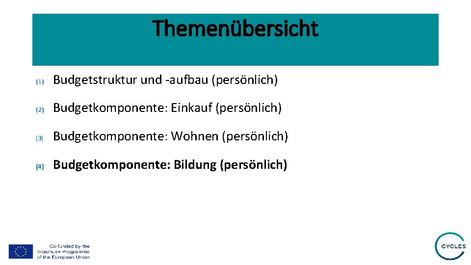 Themenübersicht (1) Budgetstruktur und -aufbau (persönlich) (2) Budgetkomponente: Einkauf (persönlich) (3) Budgetkomponente: Wohnen (persönlich)