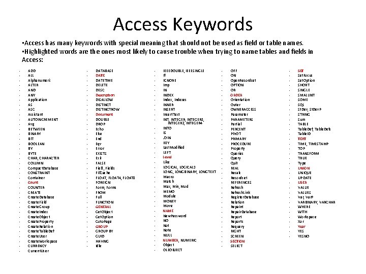 Access Keywords • Access has many keywords with special meaning that should not be