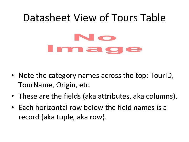 Datasheet View of Tours Table • Note the category names across the top: Tour.