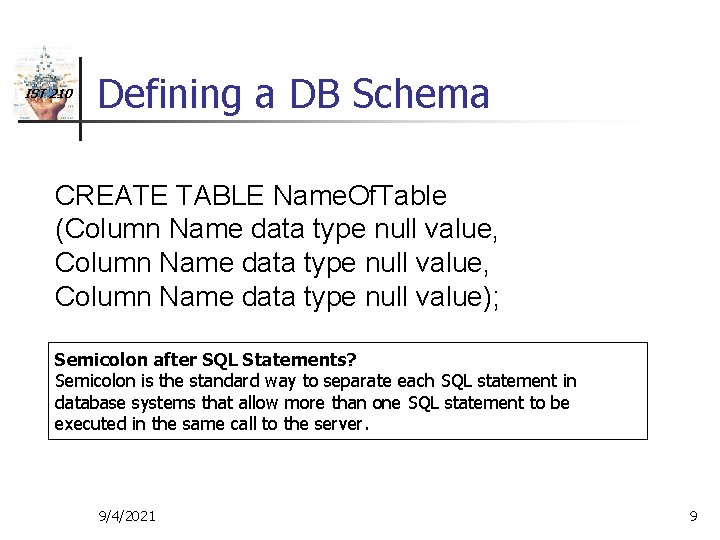 IST 210 Defining a DB Schema CREATE TABLE Name. Of. Table (Column Name data