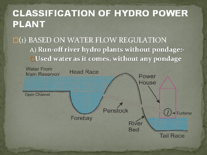 CLASSIFICATION OF HYDRO POWER PLANT �(1) BASED ON WATER FLOW REGULATION A) Run-off river
