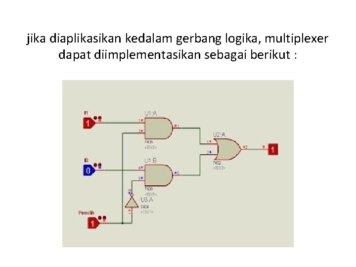 jika diaplikasikan kedalam gerbang logika, multiplexer dapat diimplementasikan sebagai berikut : 