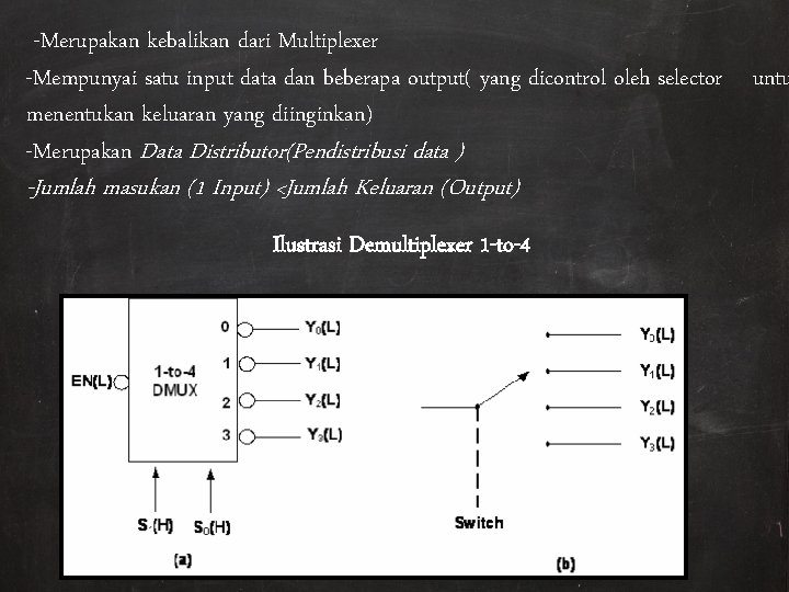 -Merupakan kebalikan dari Multiplexer -Mempunyai satu input data dan beberapa output( yang dicontrol oleh