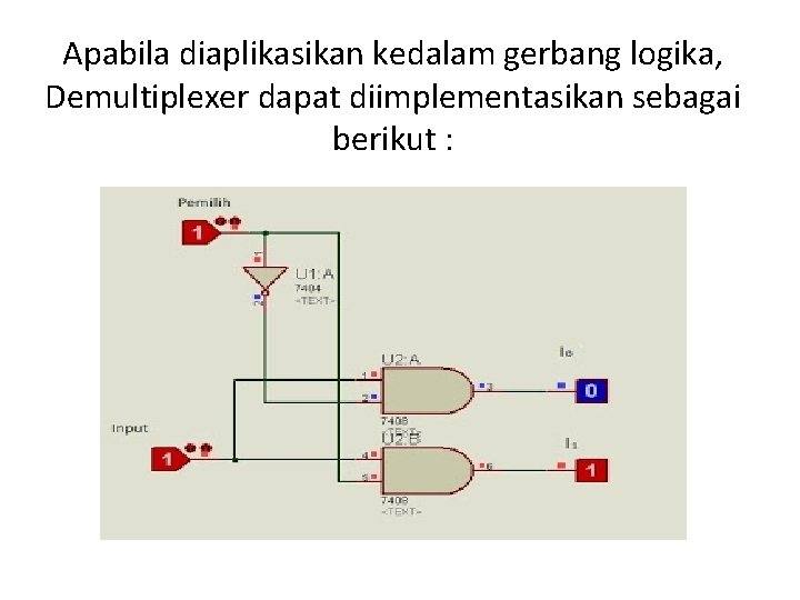 Apabila diaplikasikan kedalam gerbang logika, Demultiplexer dapat diimplementasikan sebagai berikut : 