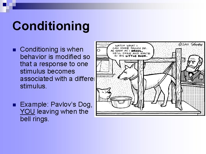 Conditioning n Conditioning is when behavior is modified so that a response to one Conditioning n Conditioning is when behavior is modified so that a response to one