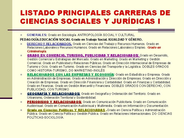 LISTADO PRINCIPALES CARRERAS DE CIENCIAS SOCIALES Y JURÍDICAS I GENERALES: Grado en Sociología. ANTROPOLOGÍA