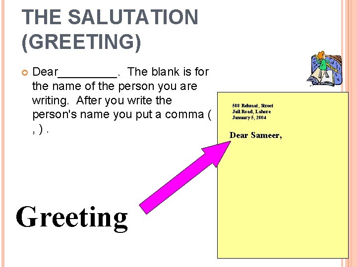 THE SALUTATION (GREETING) Dear_____. The blank is for the name of the person you