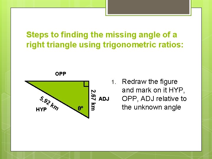 Steps to finding the missing angle of a right triangle using trigonometric ratios: OPP Steps to finding the missing angle of a right triangle using trigonometric ratios: OPP