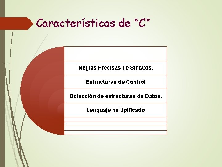 Características de “C” Reglas Precisas de Sintaxis. Estructuras de Control Colección de estructuras de